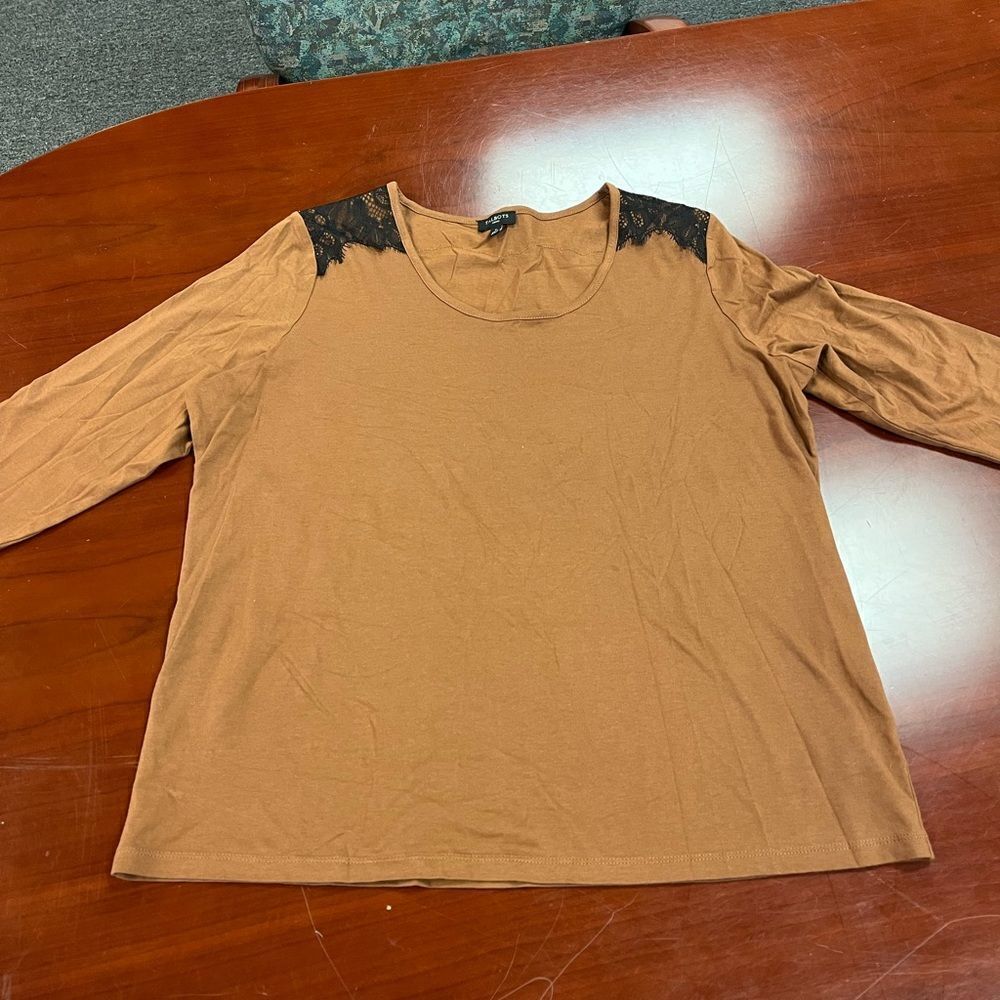 Talbots a woman Brown Lace Trim Long Sleeve T-Shirt sz X NWOT